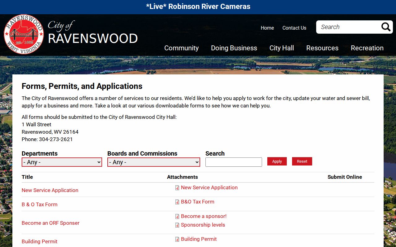 Ravenswood city permit and public forms page for municipal property records