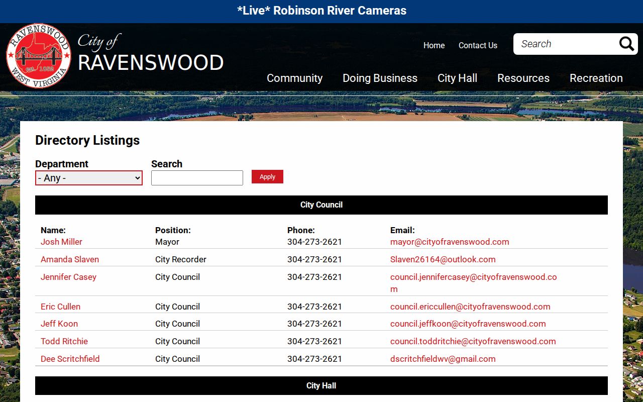 Ravenswood municipal directory listing code enforcement and city clerk contacts