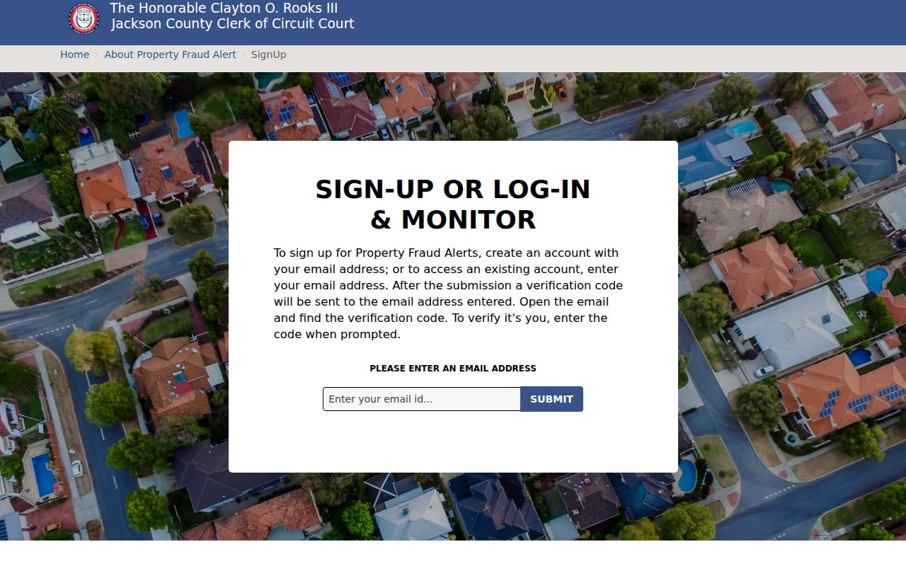 Jackson County owner property-recording alert signup with email verification